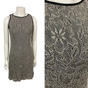Vintage Metallic Mesh Lame Floral Mini Dress Black Trim Sleeveless USA XS -